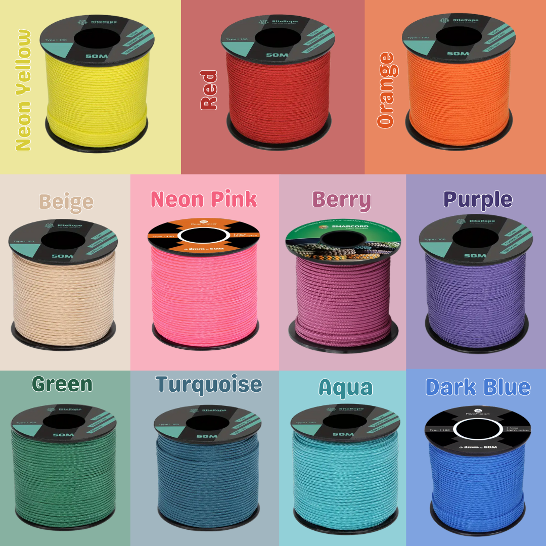 Collection of spools of paracord in various colors on a multicolored background. This is to show the difference in colours for those who are sighted.