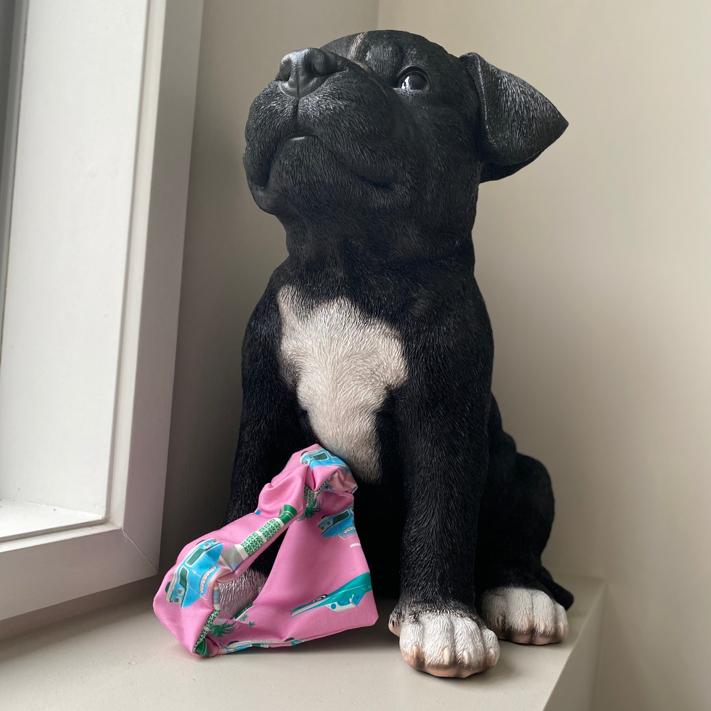 Black dog wearing a pink bandana with classic cars on it.