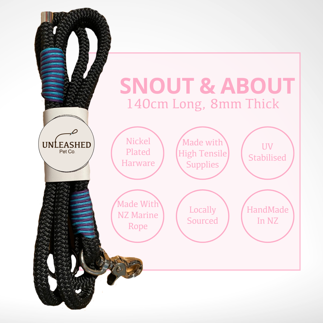 Rope leash with 'UNLEASHED Pet Co.' branding on a white background. To the right of the rope is a pink square which has 6 circles describing the features of this product. This leash is 140cm long and 8mm thick. The features are, Nickel Plated Hardware, Made with High Tensile Supplies, UV stabilised, made with NZ marine rope, locally sourced and handmade.