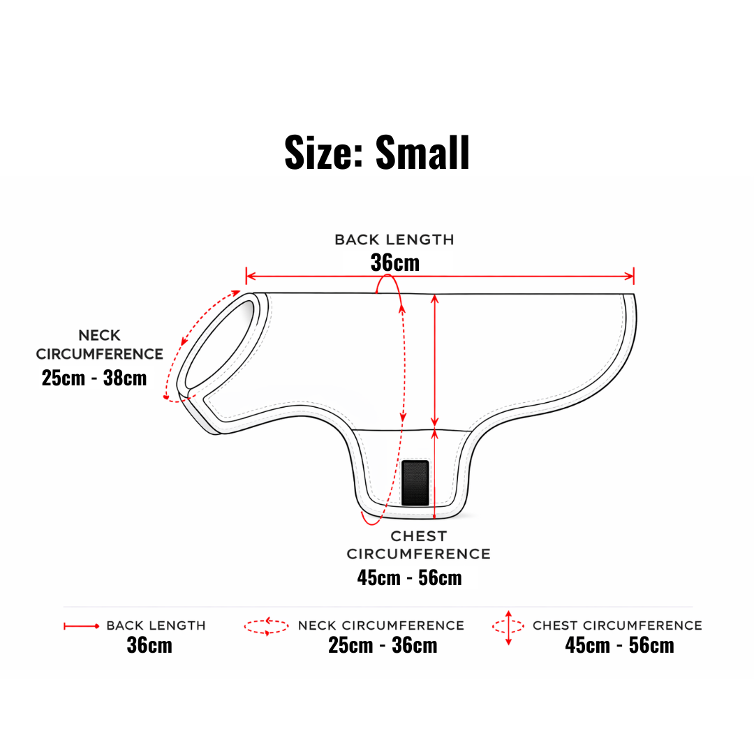 Measurement chart for a small size garment with dimensions labeled.