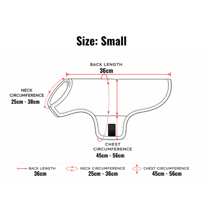 Measurement chart for a small size garment with dimensions labeled.