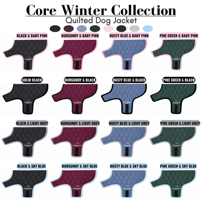 Collection of quilted dog jackets in various colors with Collection Name.