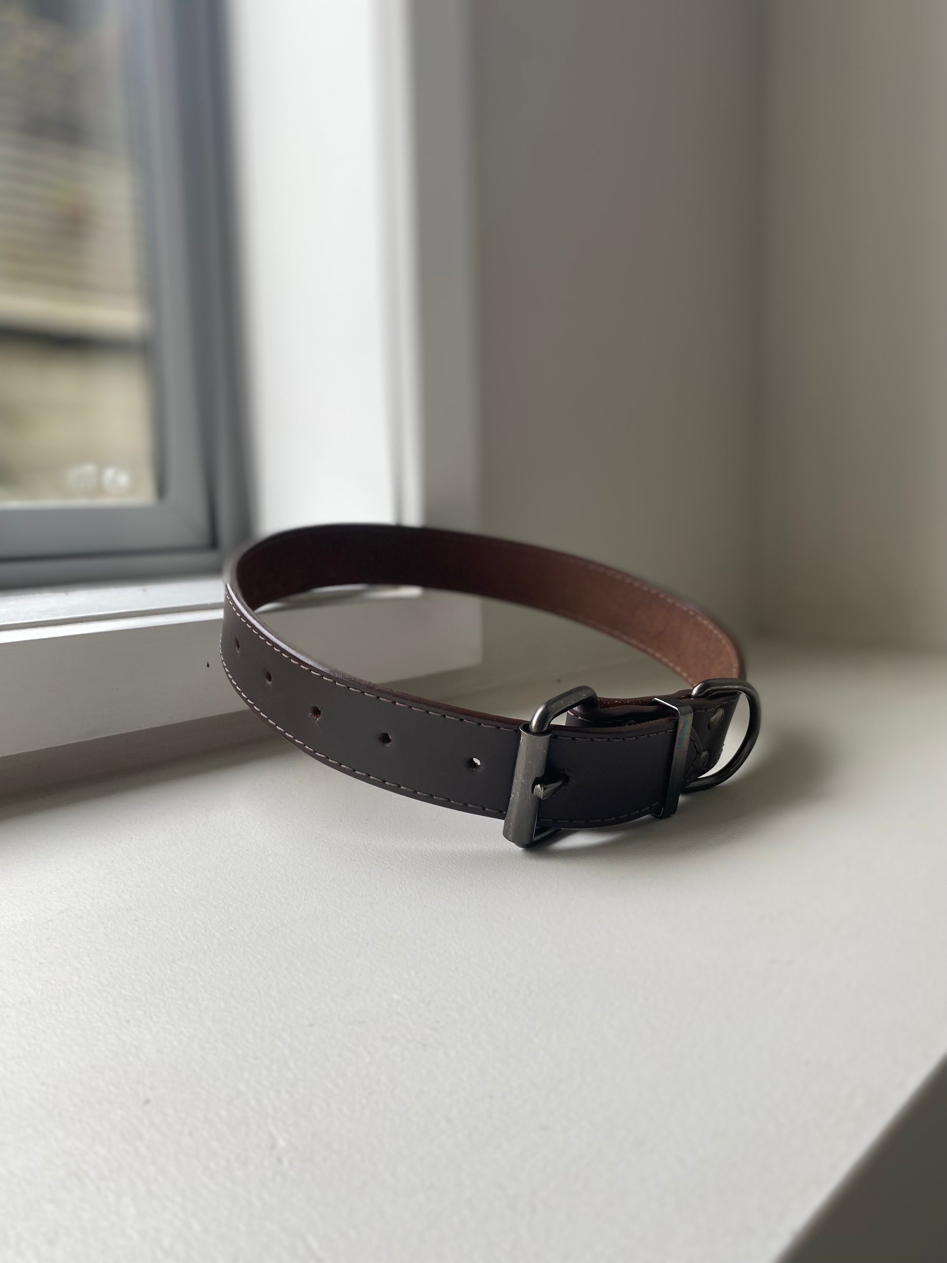 Brown leather dog collar on a white background