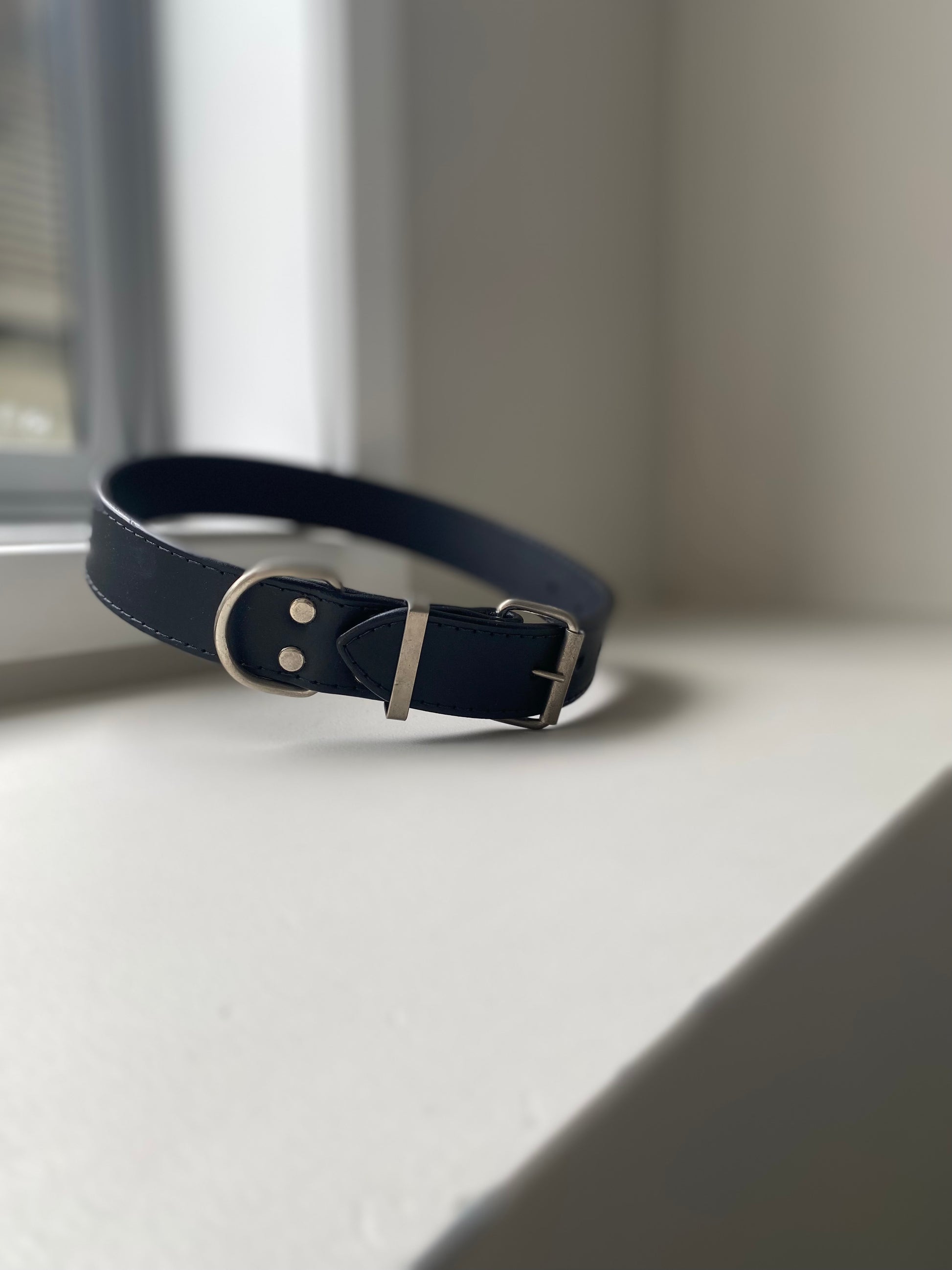 Black leather dog collar on windowsill 