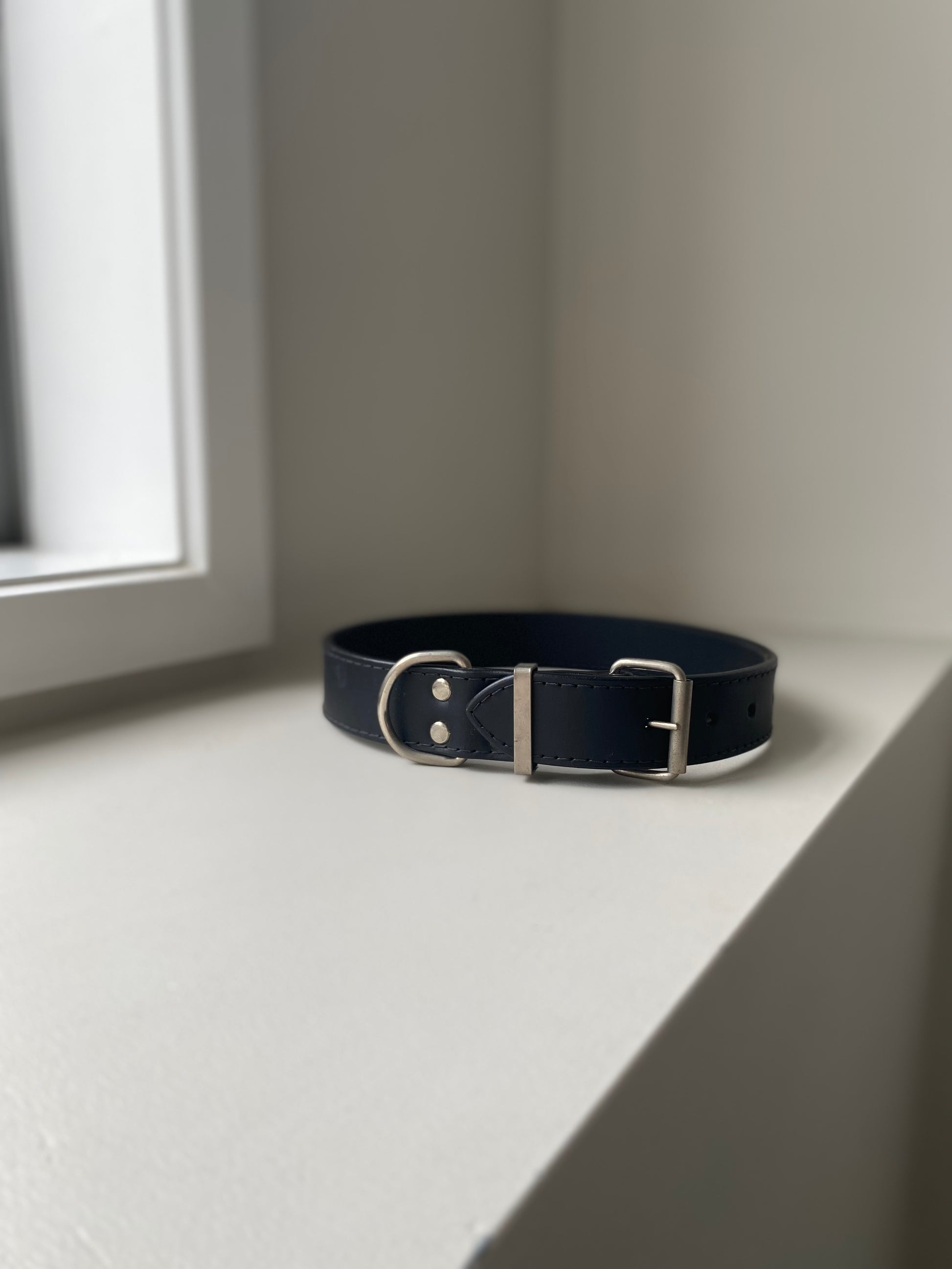 Black leather dog collar with silver hardware on a white surface near a window.