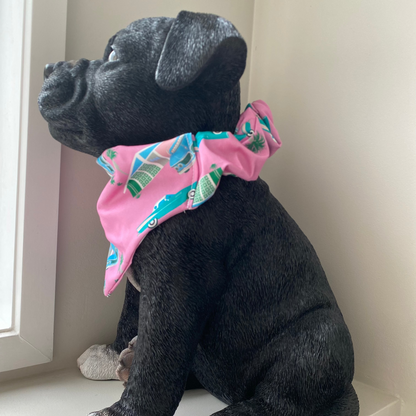 Black dog wearing a pink bandana with classic cars on it. 