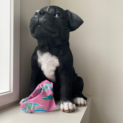 Black dog wearing a pink bandana with classic cars on it. 
