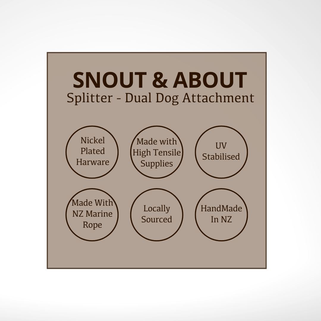 Product label for 'Snout & About' splitter with dual dog attachment features in a beige square. The features listed are, Nickel Plated, Made with high tensile supplies, UV stabilised, made with NZ marine rope, locally sourced and handmade. 