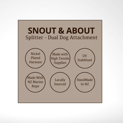 Product label for 'Snout & About' splitter with dual dog attachment features in a beige square. The features listed are, Nickel Plated, Made with high tensile supplies, UV stabilised, made with NZ marine rope, locally sourced and handmade. 
