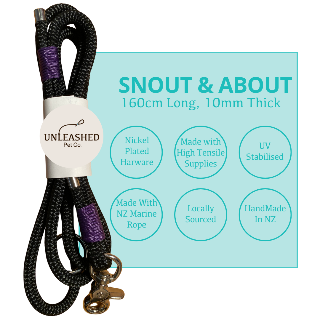 Dog leash with 'Unleashed Pet Co' branding on a light blue background.
This is a features page and it lists, Nickel Plated Hardware, Made with High Tensile Supplies, UV stabilised, Made with NZ Marine Rope, Locally Sourced and Handmade in NZ