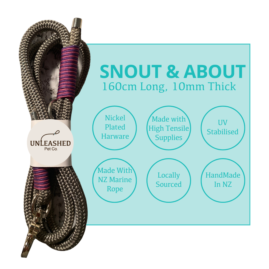 Dog leash with 'Unleashed Pet Co' label on a light blue background with a features page. The features listed are, Nickel Plated Hardware, UV stabilised, Made with NZ Marine Rope, Locally Sourced and Handmade in NZ. This leash is 160cm long and 10mm thick