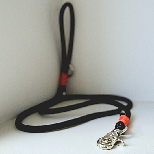 Black dog leash with red and orange accents and a silver clasp on a white surface.