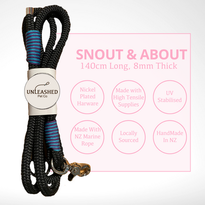 Rope leash with 'UNLEASHED Pet Co.' branding on a white background. To the right of the rope is a pink square which has 6 circles describing the features of this product. This leash is 140cm long and 8mm thick. The features are, Nickel Plated Hardware, Made with High Tensile Supplies, UV stabilised, made with NZ marine rope, locally sourced and handmade. 