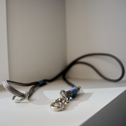 Grey dog leash with aqua and purple accents. Rope leash with nickel - plated safety hardware