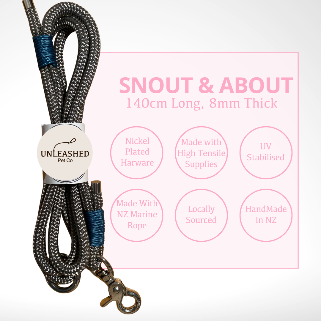 Dog leash with square to the right of it that outlines the features. The features are that it has Nickel - plated hardware, made with high tensile supplies, uv stabilised, made with nz marine rope, locally sourced and handmade in nz