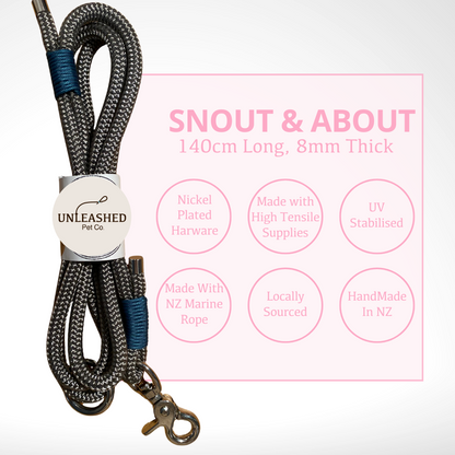 Dog leash with square to the right of it that outlines the features. The features are that it has Nickel - plated hardware, made with high tensile supplies, uv stabilised, made with nz marine rope, locally sourced and handmade in nz